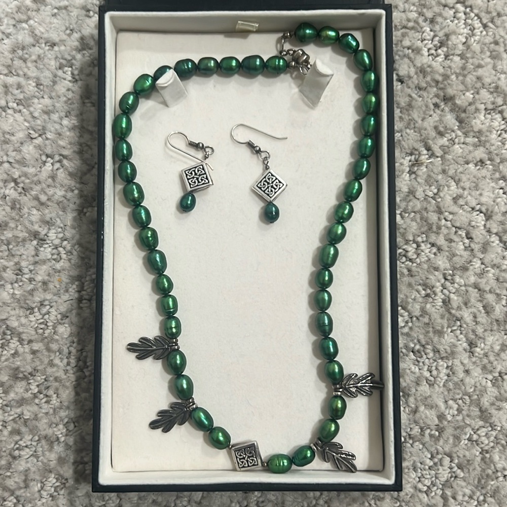 Celtic green pearl necklace with matching earrings